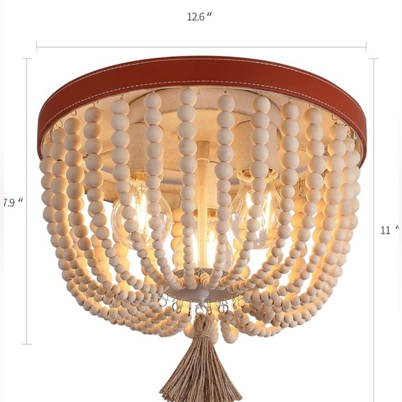 NEW Boho Wood Beaded Flush Mount Ceiling Lights Chandelier Fixture - Picture 9 of 10